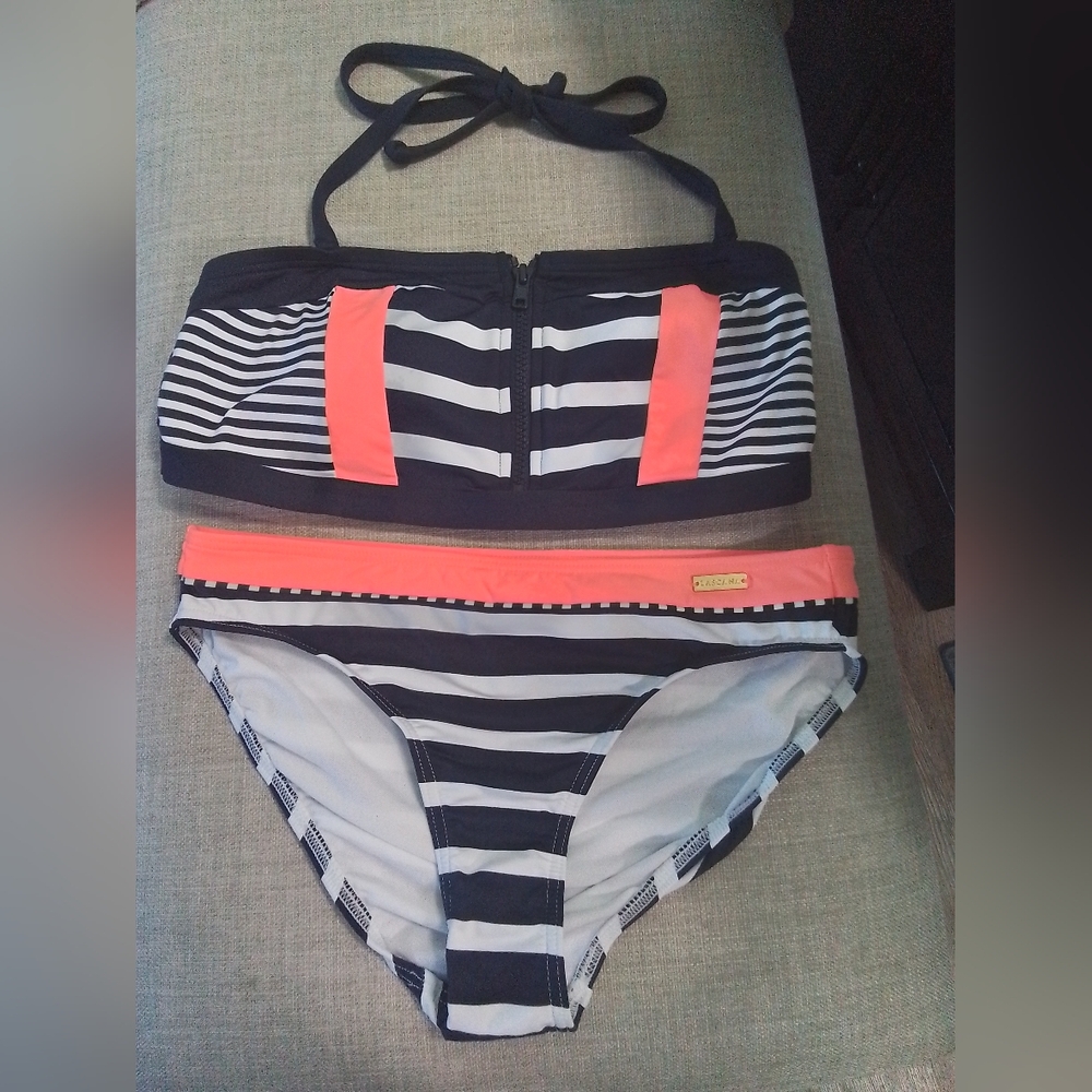 VENUS Black and White Striped Bikini with Coral Accents